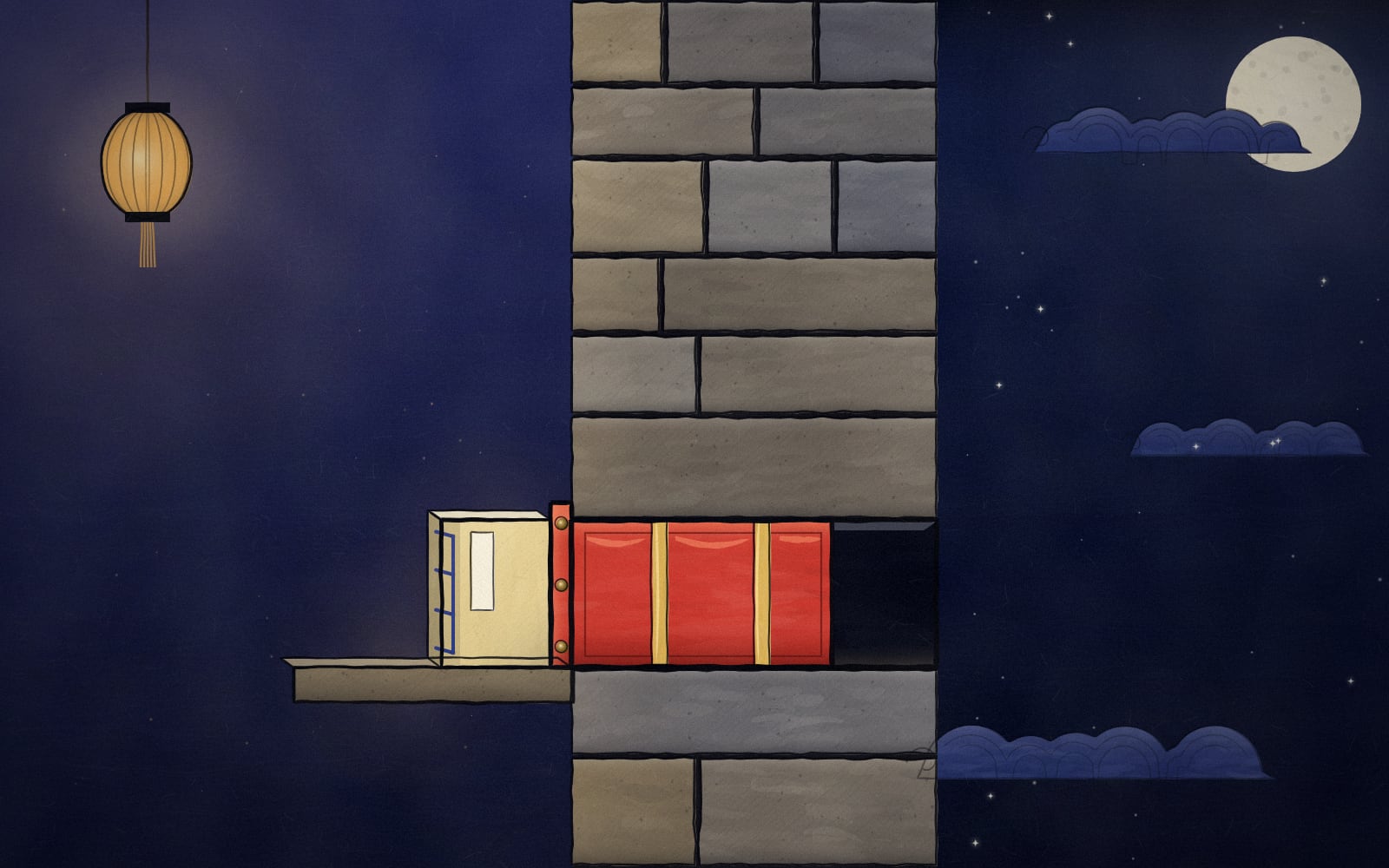 A painted night scene of a stone wall seen in section. On the near side, under a paper lantern, a thread bound account book rests on a stone sill against a red lacquered plug that seals the one opening through the wall. The AI Assistant is marked reading the book where it lies. The far side, under the moon, is empty.