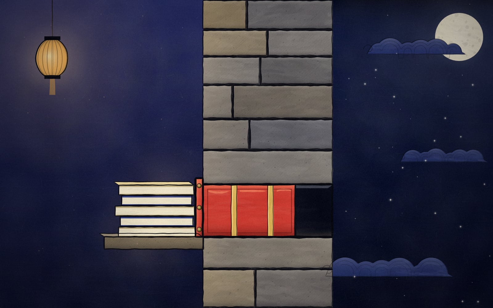 The same wall. A pile of account books is kept on the near side, stacked on the sill, and the opening beside them is sealed with the red plug. Nothing has passed to the far side.