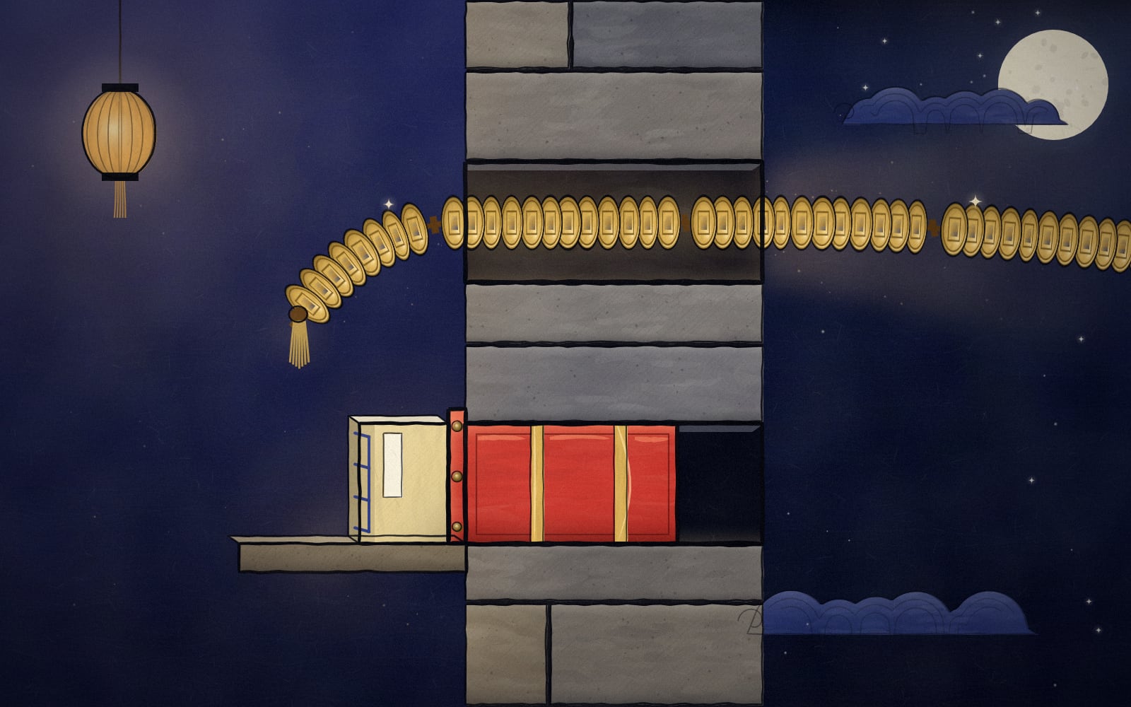 The same wall with a second opening above the sealed one. A long string of cash coins runs through the upper opening, from one side of the wall to the other, while the account book rests against the red plug below and goes no further.