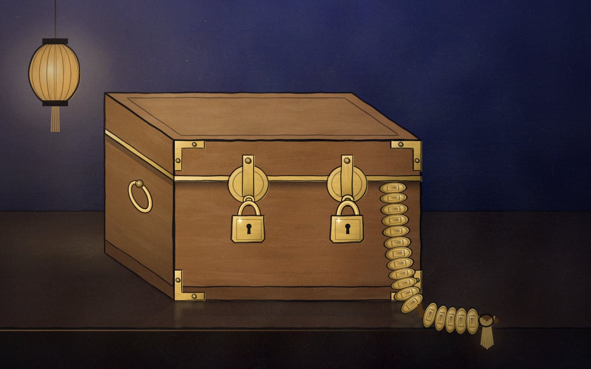 A camphor wood chest on a lacquered counter at night, shut with two padlocks, the tail of a string of cash showing under its lid.