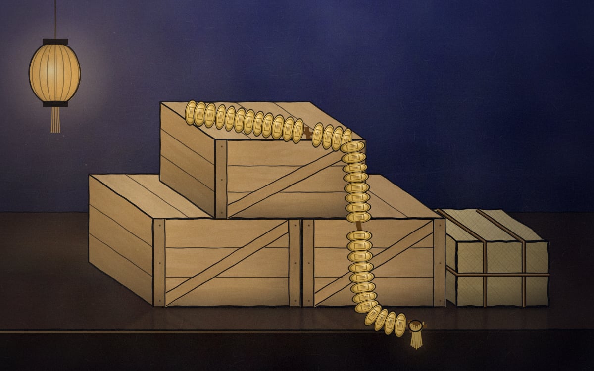 Crates of stock stacked on a counter with a bale in matting beside them, and a string of cash draped over the top crate and down to the counter.