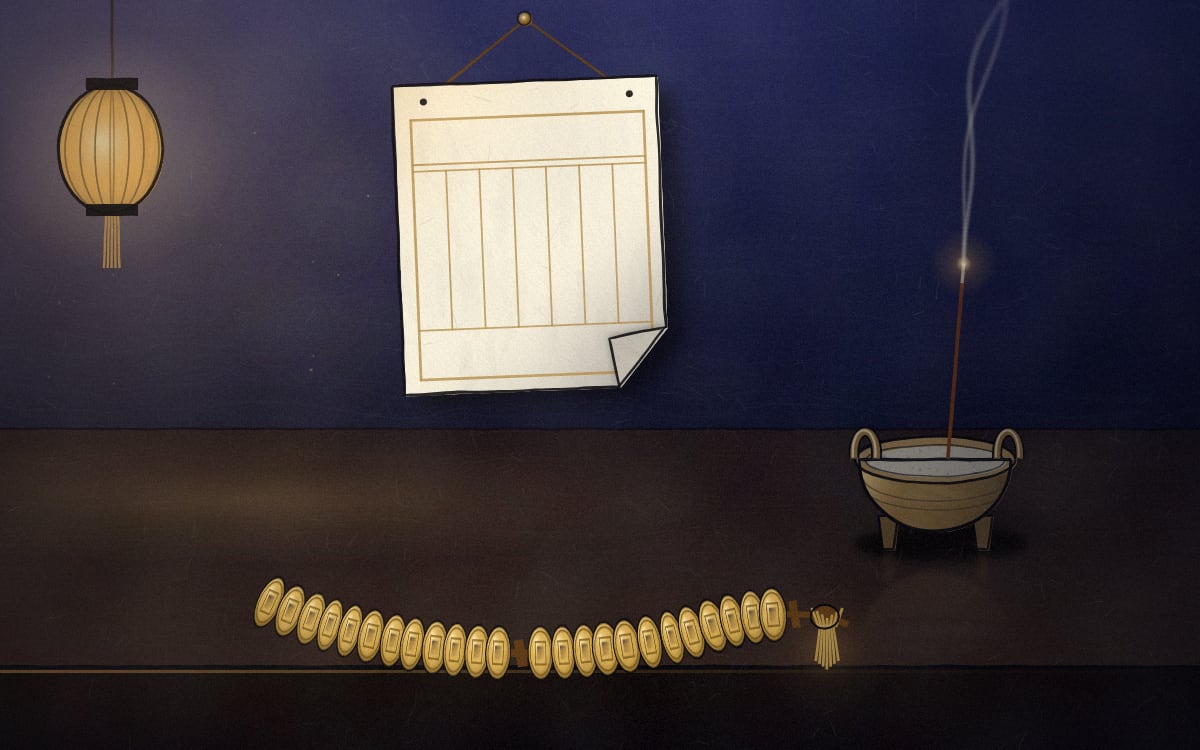 A ruled, blank invoice hung on a nail on the wall. Under it a string of cash lies on the counter, and beside it a stick of incense burns down in a bronze censer.