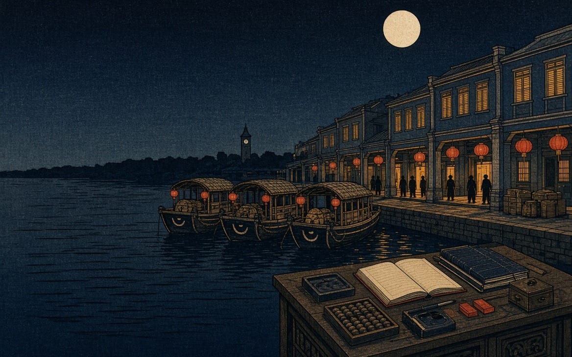 A woodblock print of Boat Quay on the Singapore River at night. Shophouses stand along the quay with lamps burning behind wooden shutters and red paper lanterns hung along the walkway in front of the shops. Wooden cargo boats lie moored along the quay wall, loaded with bales. In the foreground a merchant counting desk carries an abacus, an open account book, seal chops and a cash box. A full moon hangs over the water.