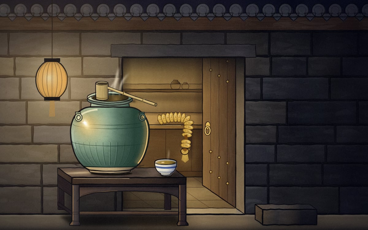 A celadon tea jar on a low lacquered stand outside a shop at night, a bamboo dipper across its mouth and a poured cup of tea steaming beside it. Behind it the shop door stands open onto a lamp-lit counter, where a string of cash lies along the plank and hangs down over the edge.